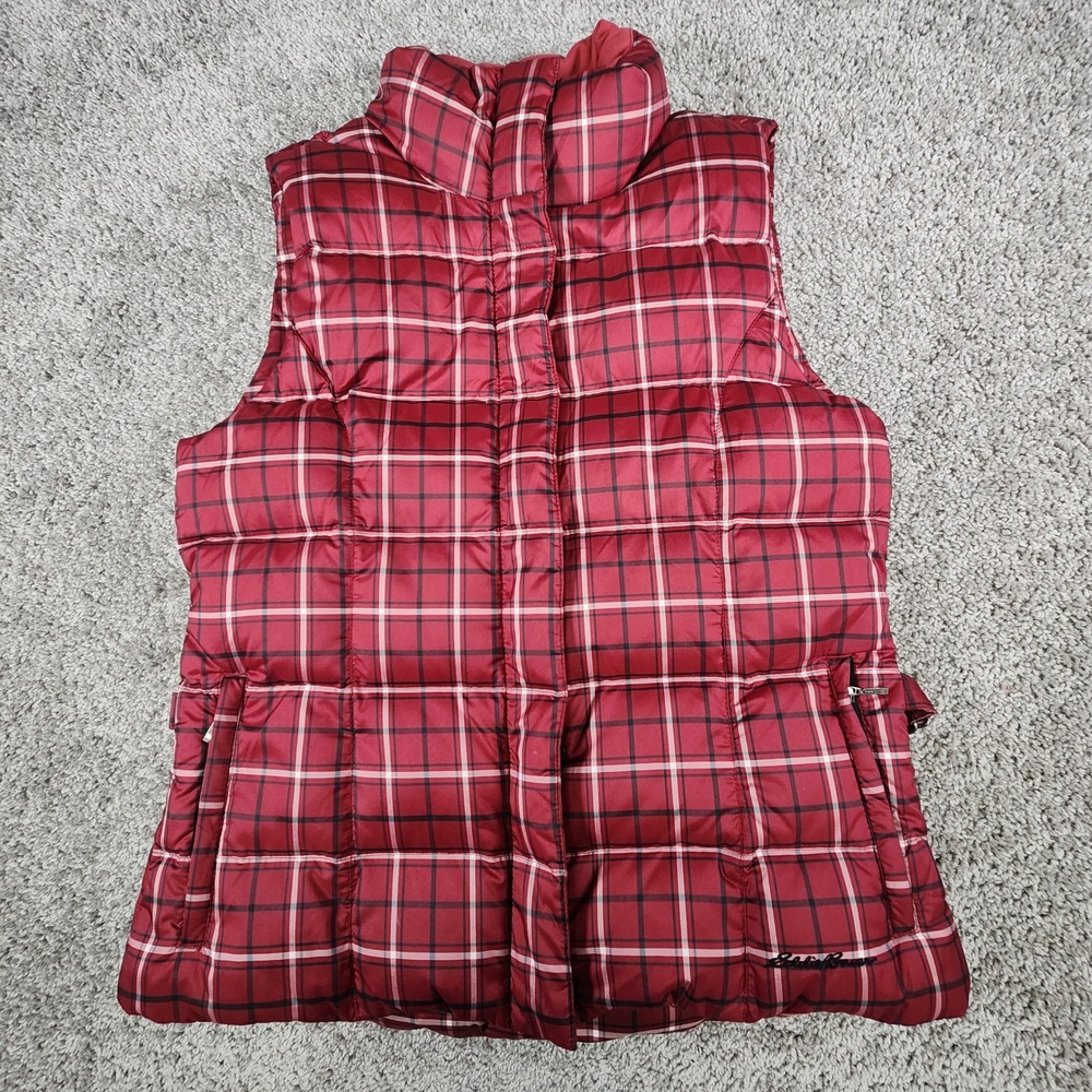 Eddie Bauer Down Puffer Vest Womens Medium Plaid‎ Goose Burgundy Preppy Layering